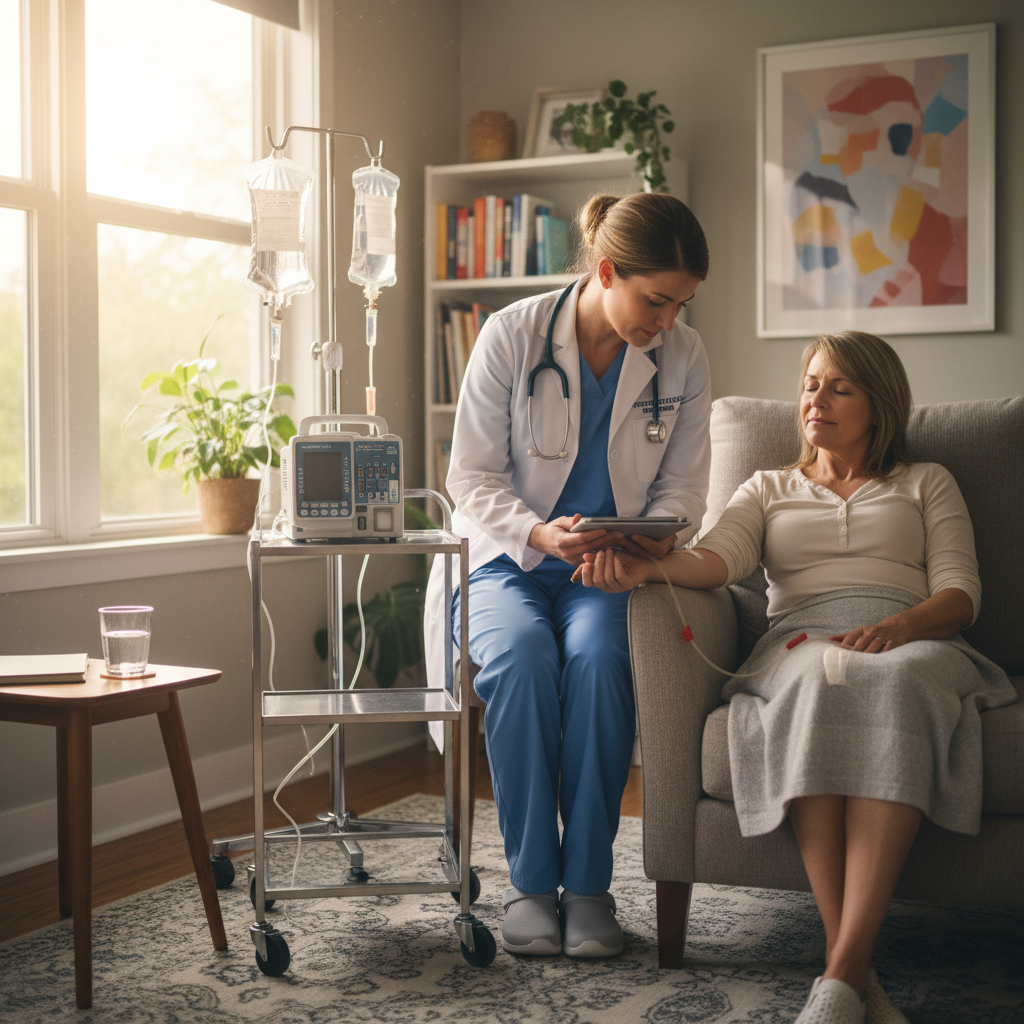 Licensed nurse preparing home infusion therapy in a patient's home