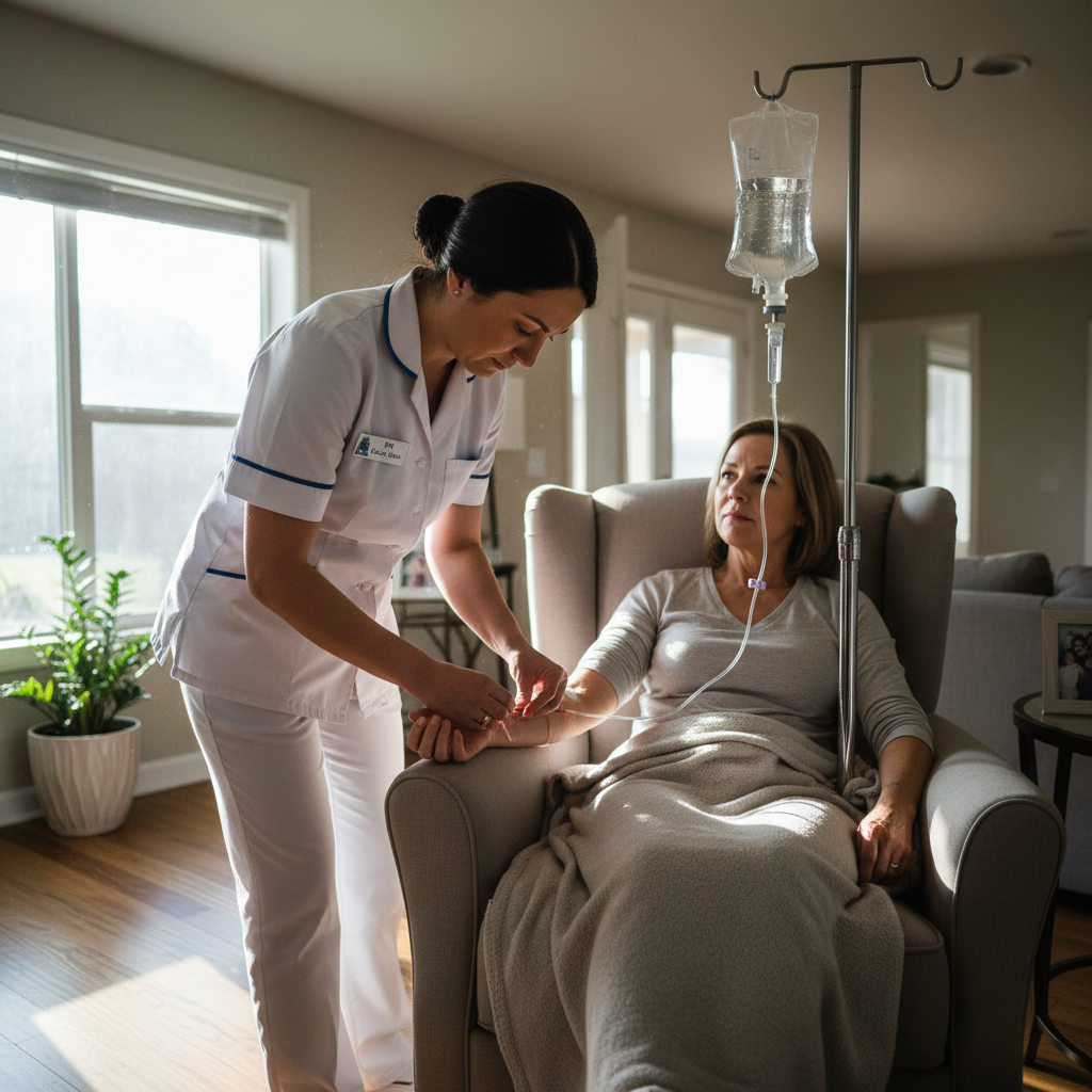 Licensed infusion nurse preparing IV therapy equipment in patient home